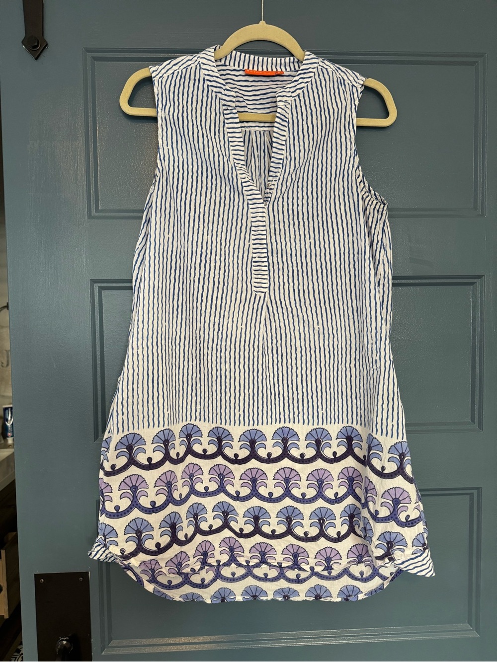 Oliphant Blue & White Sleeveless Tunic Dress with Embroidered Hem